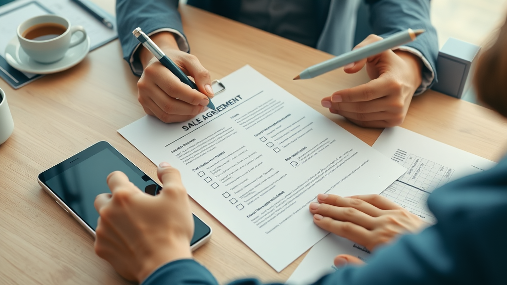 Organized checklist and business sale agreement draft, professional hands at work reviewing legal files and agreements on an executive desk.