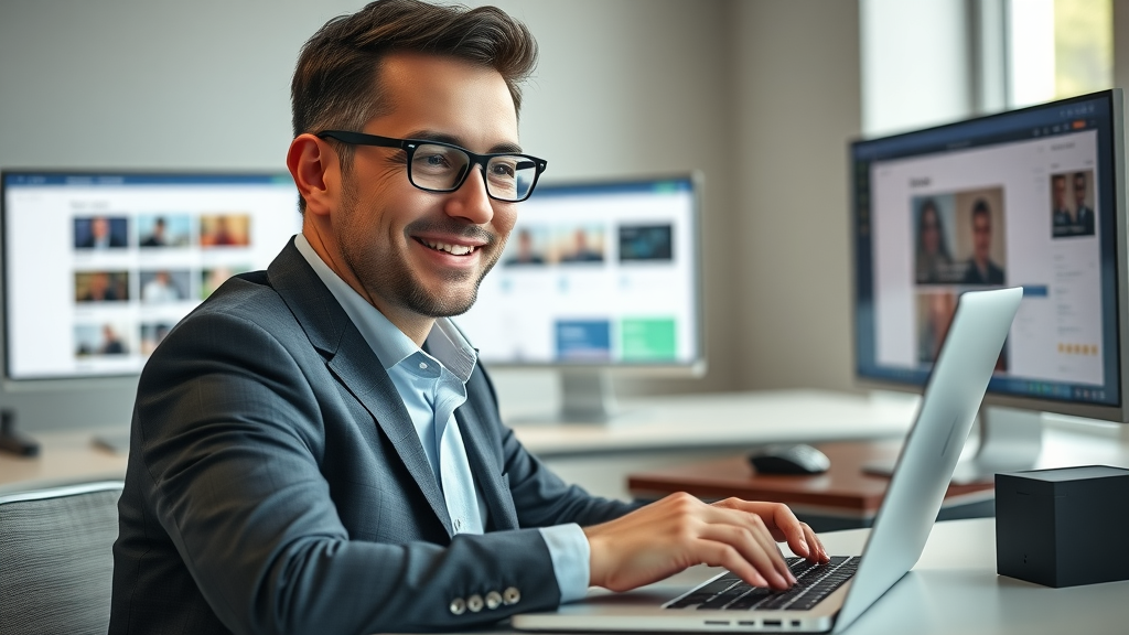 modern business professional reviewing online business listings for digital visibility