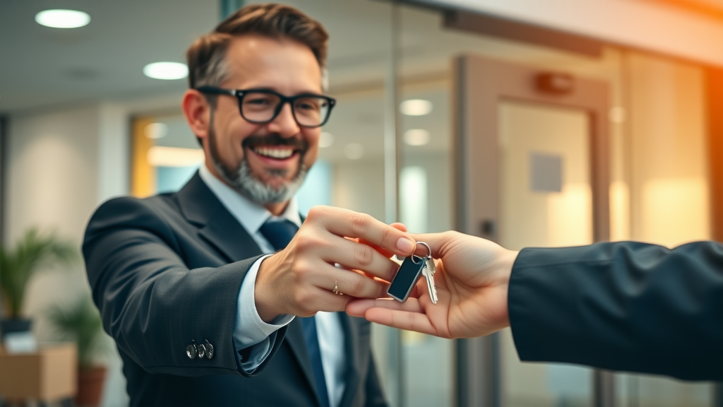 business sale process proud business owner handing over keys to new owner in a corporate lobby