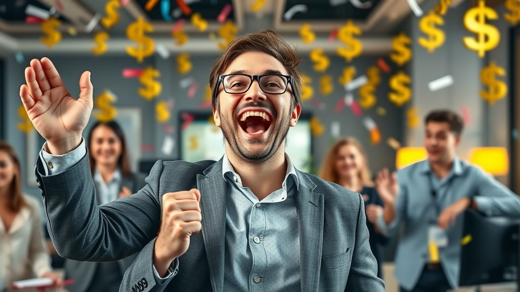 Entrepreneur successfully sells business above market value, celebrating with team.