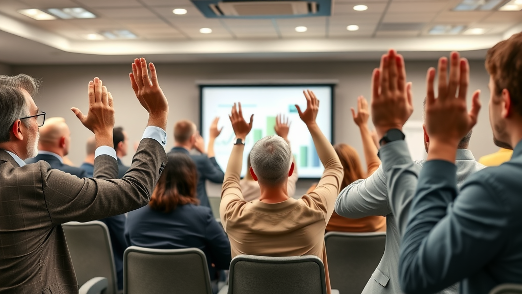 Business owners raising hands at seminar on business sale checklist