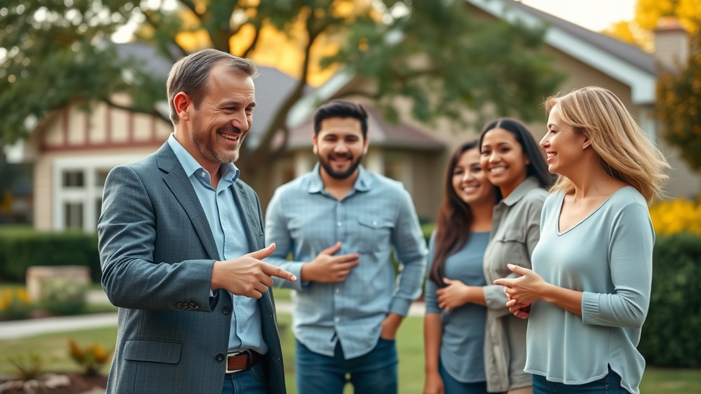 Friendly real estate agent showing a house to a family, demonstrating features of the property. Main Keyword: real estate agent, estate agent. Cinematic, morning light.