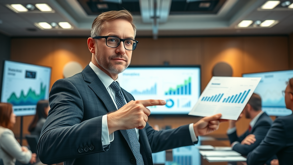 Serious business owner presenting clean financial reports to a group of potential buyers during the process of selling a business.