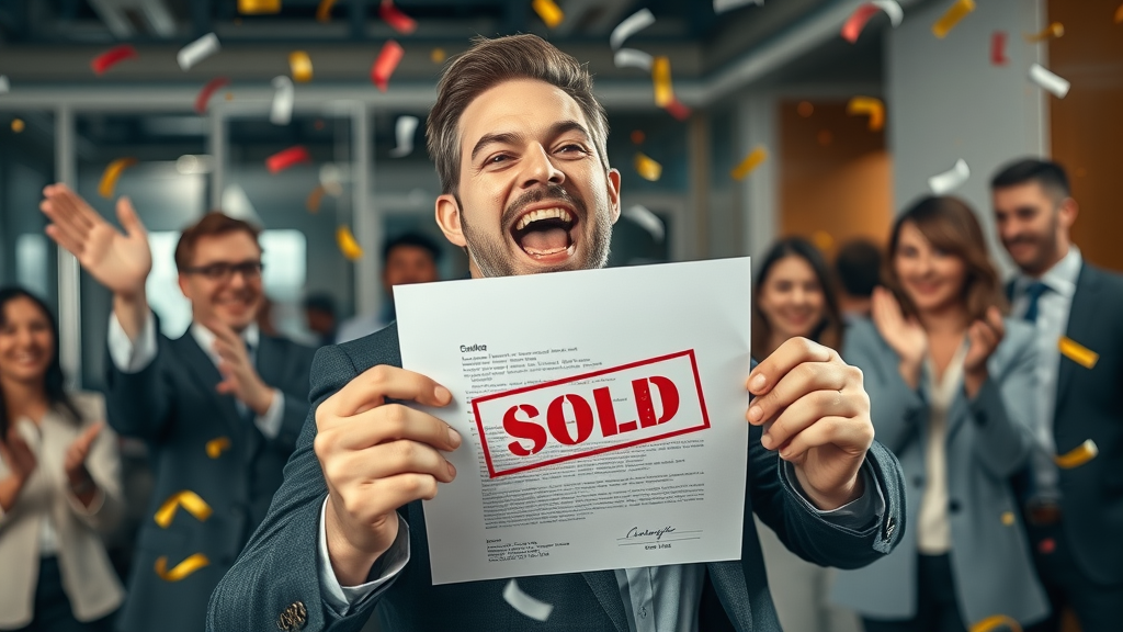 happy business seller holding sale agreement, colleagues celebrating in office,