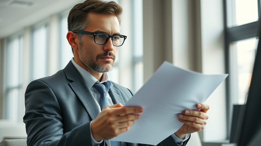 concerned business buyer reviewing documents buying a business in modern office
