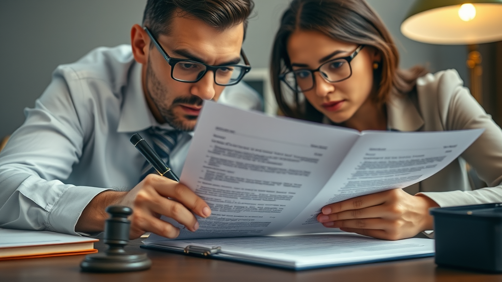 Business owner and lawyer reviewing legal documents for the sale of a business