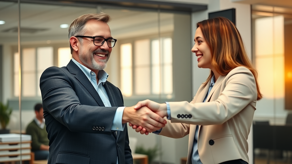 happy business owner shaking hands with business transfer agent celebrating successful business sale, business sale completion