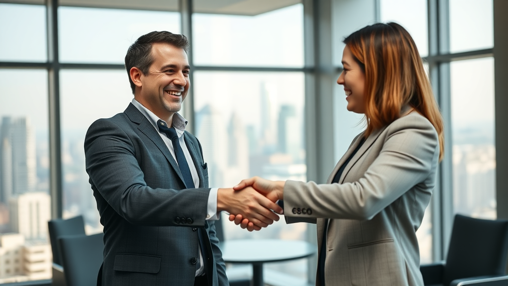 inspiring real estate agent shaking hands with broker, celebrating commission negotiation success, how broker fees are split