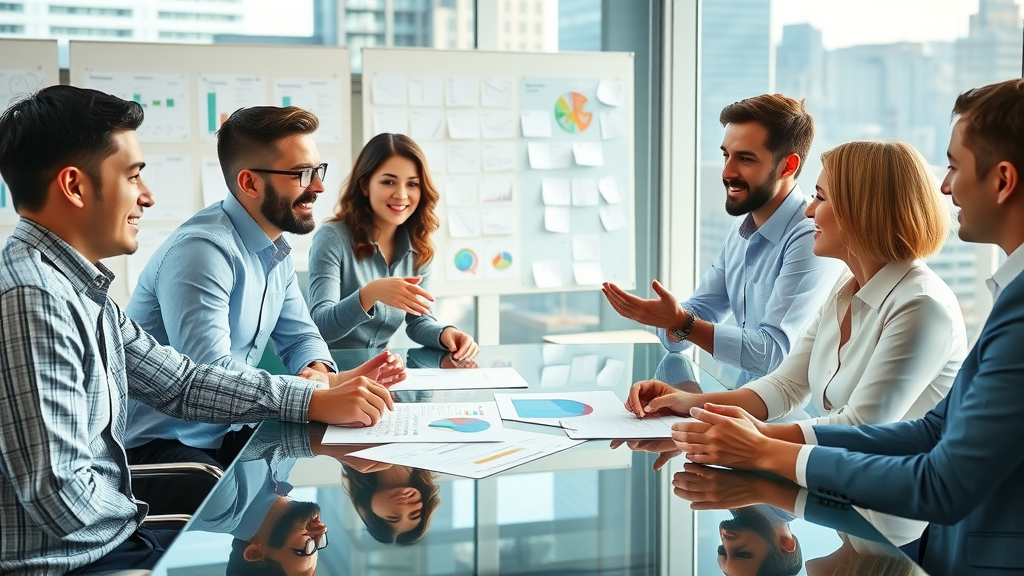 Collaborative sales and marketing team discussing strategy around a glass conference table for business sale marketing strategies
