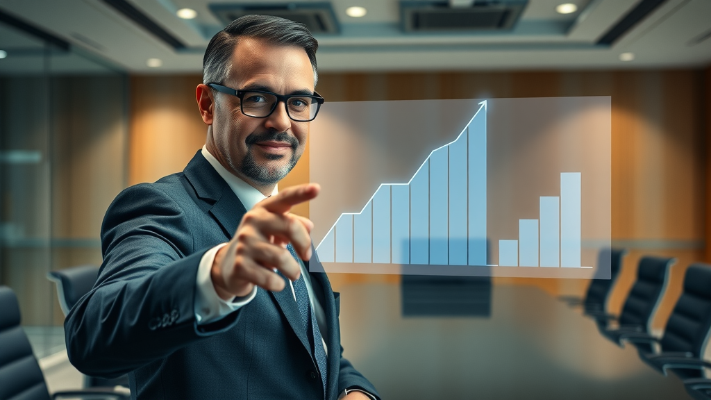 business sale process financial advisor presenting business valuation data with a digital graph in a modern boardroom