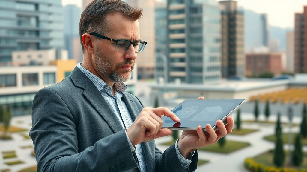 real estate appraiser evaluating commercial property, analytical expression, inspecting building exterior and holding a valuation tablet, Photorealistic High Fidelity Lifelike, urban background with city buildings and landscaped grounds, highly detailed, subtle real estate models on tablet screen, soft morning light, shot with a 24mm lens.