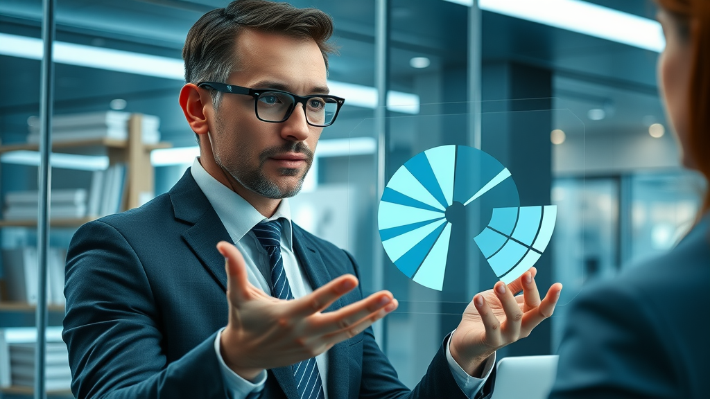 business broker showing commission breakdown on digital chart, futuristic office setting