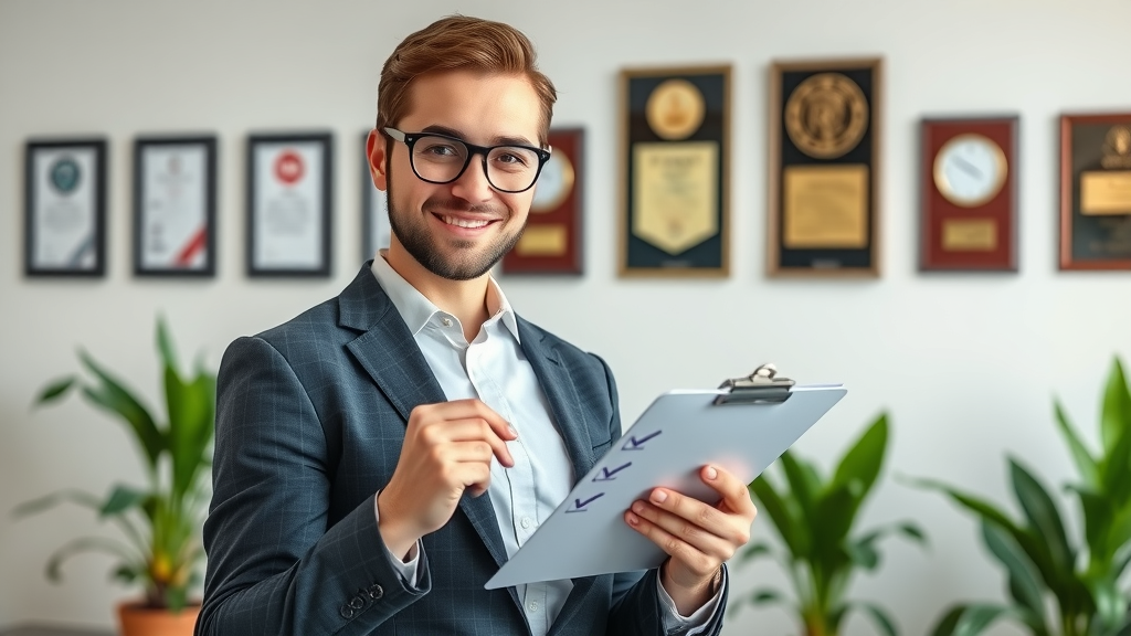 business valuation checklist, organized owner checking off items on clipboard in office with certification plaques
