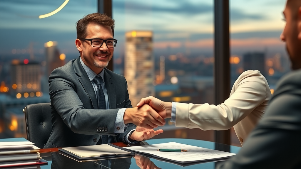 business buyer shaking hands with business broker over finalized agreement, warm boardroom setting, city lights at dusk