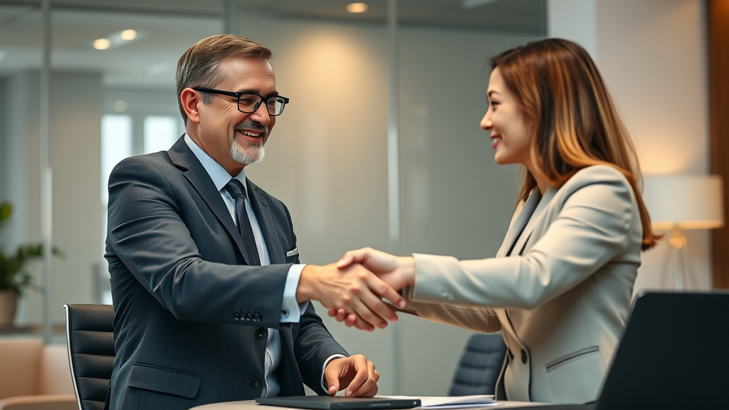 Professional business broker shaking hands with client, closing a deal, business brokerage services