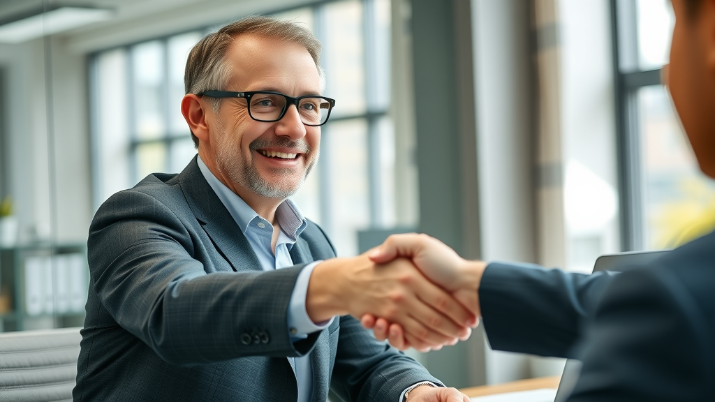 Selling a business: Confident small business owner shaking hands with a prospective buyer in a modern office environment