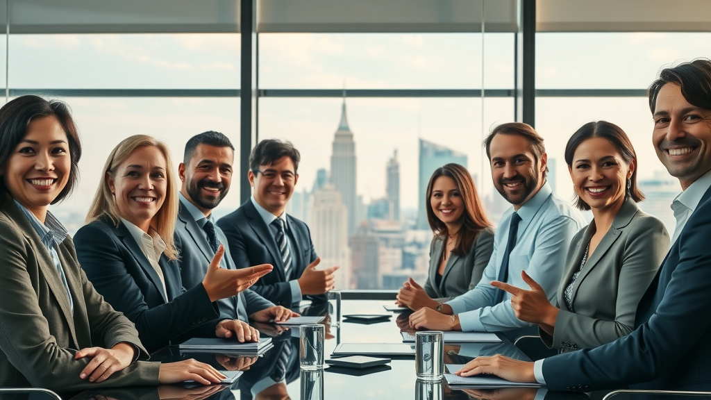 diverse group of business brokers representing various industries, city office skyline, business brokerage service specializations