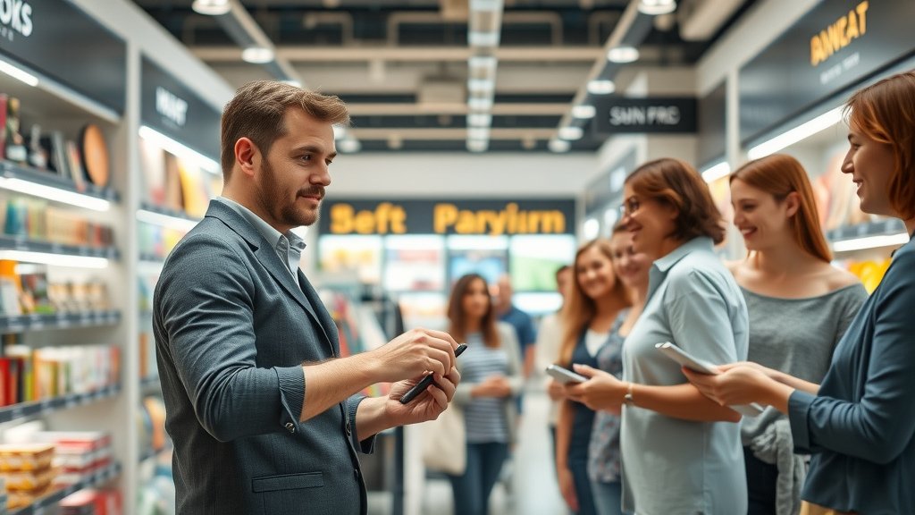 business for sale owner arranging products in modern retail store interior with customers browsing and lively shopping activity