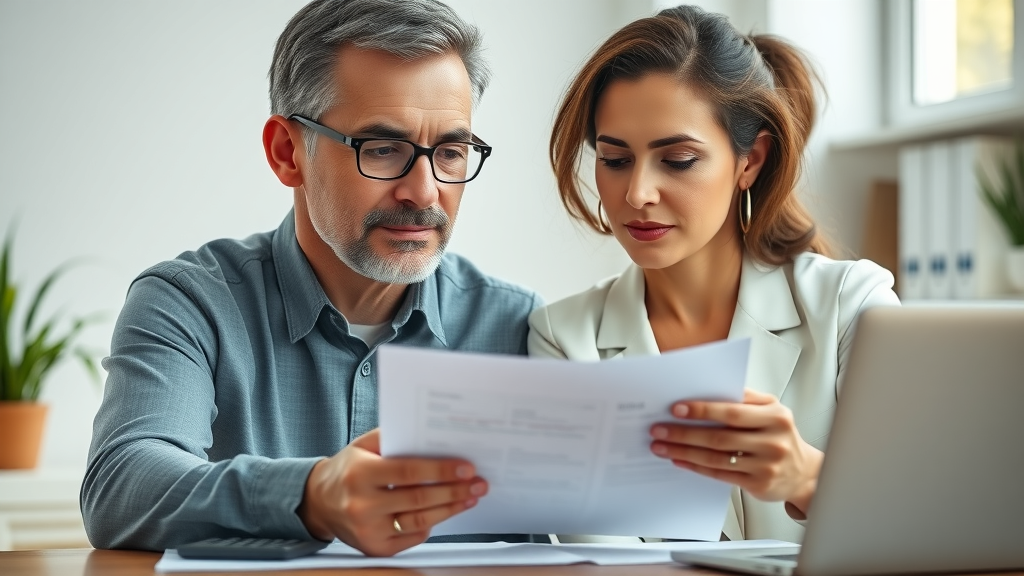 Thoughtful couple reviewing plans for changing jobs or retiring in a modern office