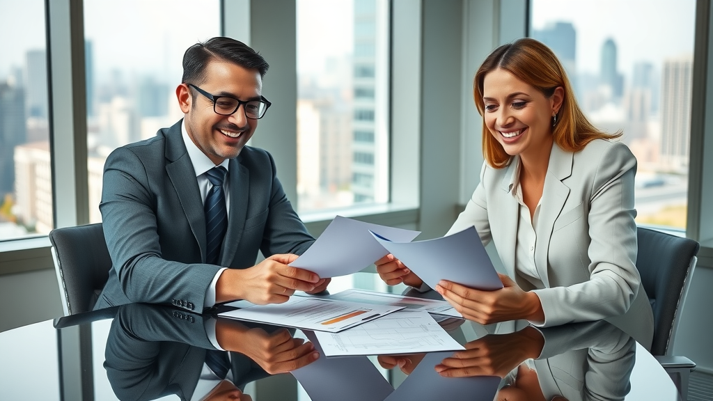 business broker commission meeting- professional business meeting scene, two business owners and a broker in formal attire, discussing paperwork over a polished office table, modern office setting with cityscape