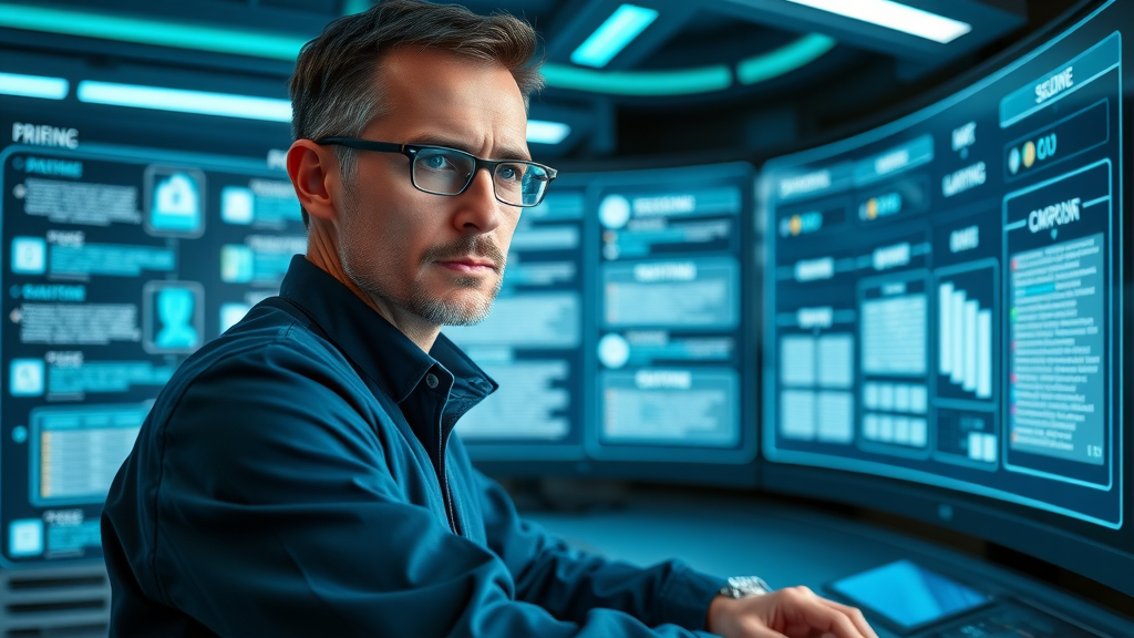 Digital data security specialist monitoring secure confidential business sale document sharing with holographic displays