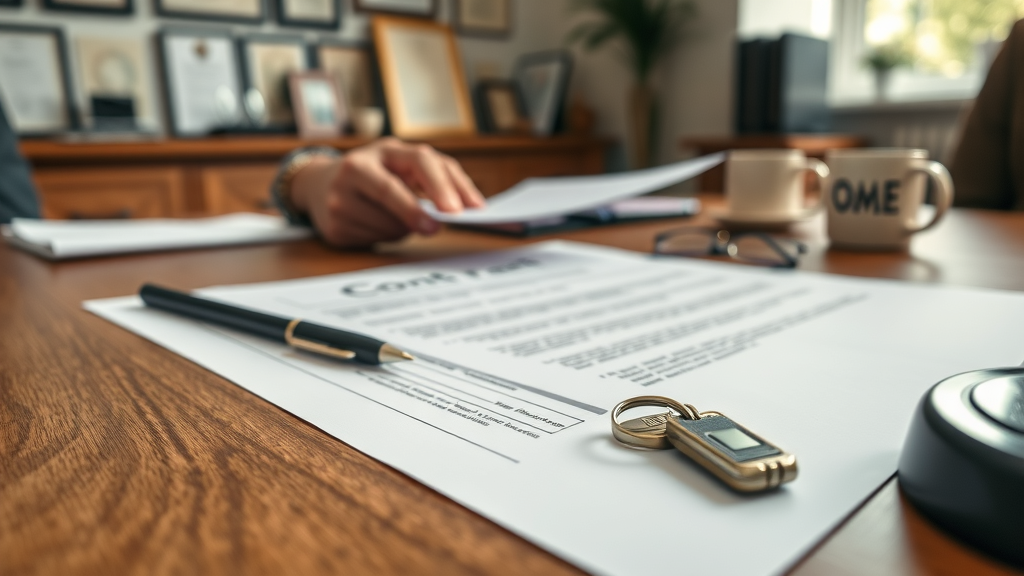 Close-up of real estate commission contract and keys on a desk