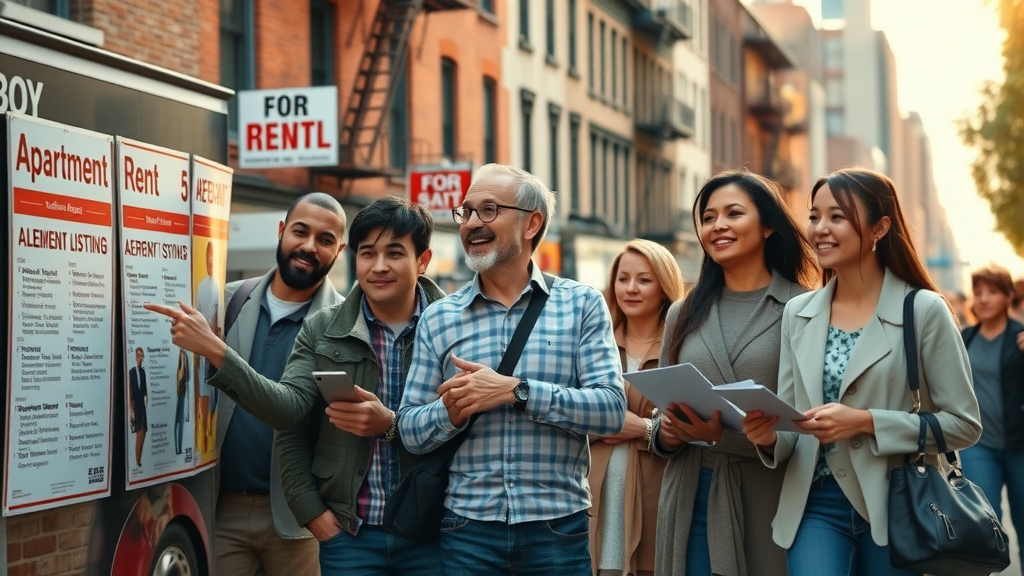 diverse group looking at NYC apartment listings and discussing broker fees, photorealistic