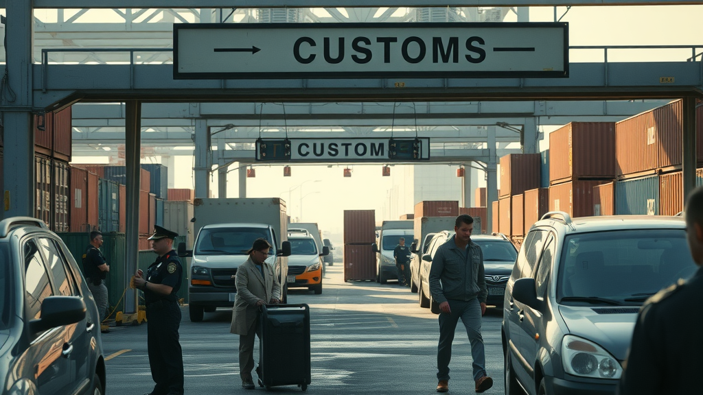 trade war 2025 customs checkpoint, officials inspecting international shipments, tariff enforcement