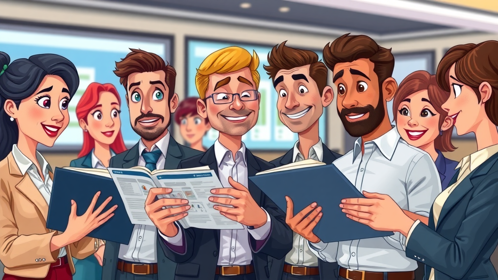 business buyers in conference with business brokers, reviewing business listings for sale, animated gestures, bright setting