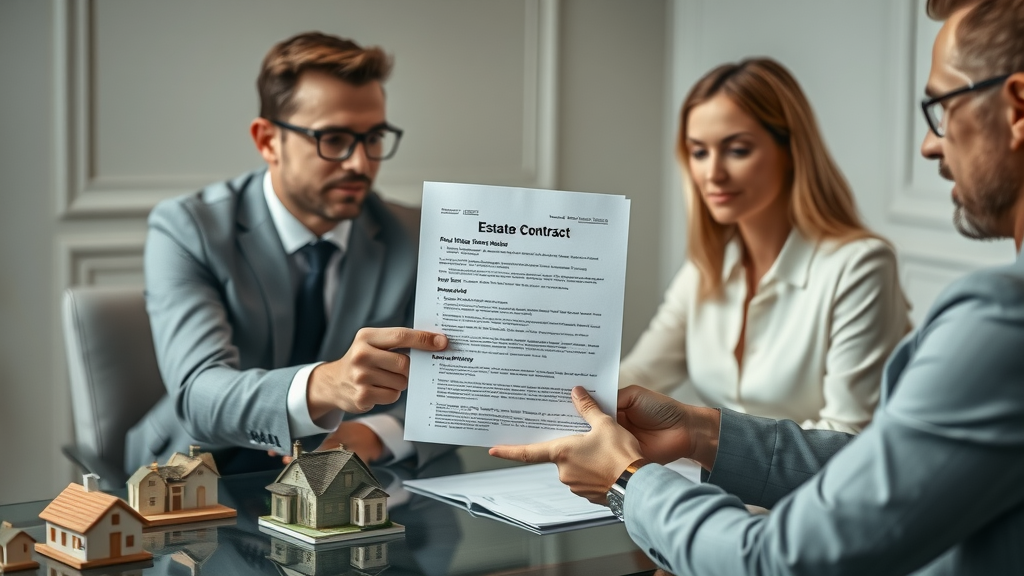 Real estate agent explaining components of agent commission to clients, detailed real estate contract on table, elegant office setting