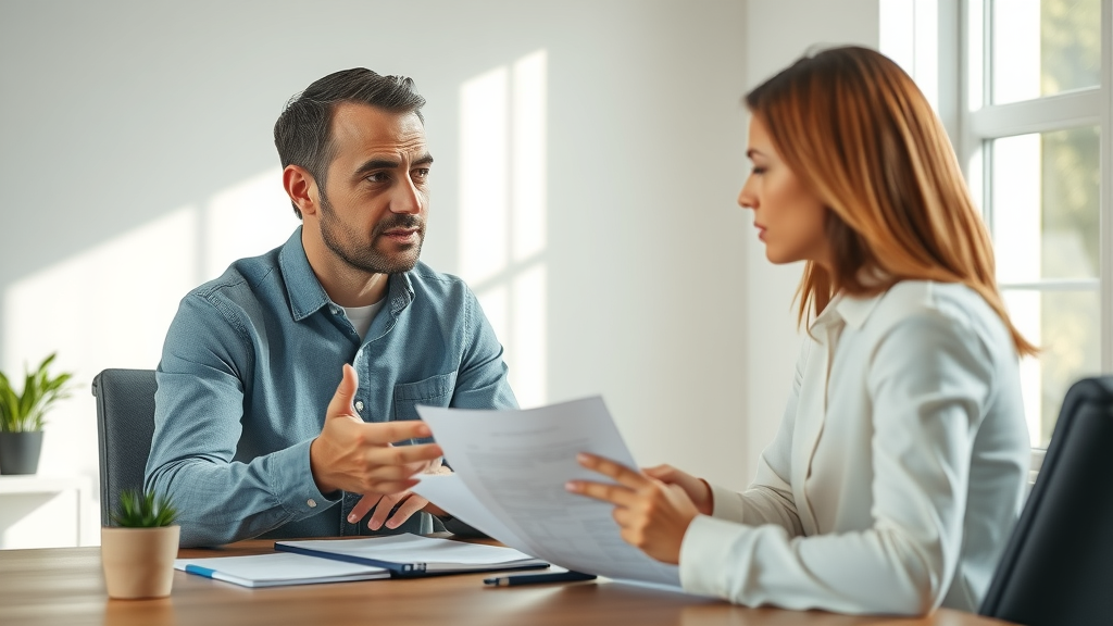 Homeowner negotiating broker fees with a real estate agent in a bright, detailed office