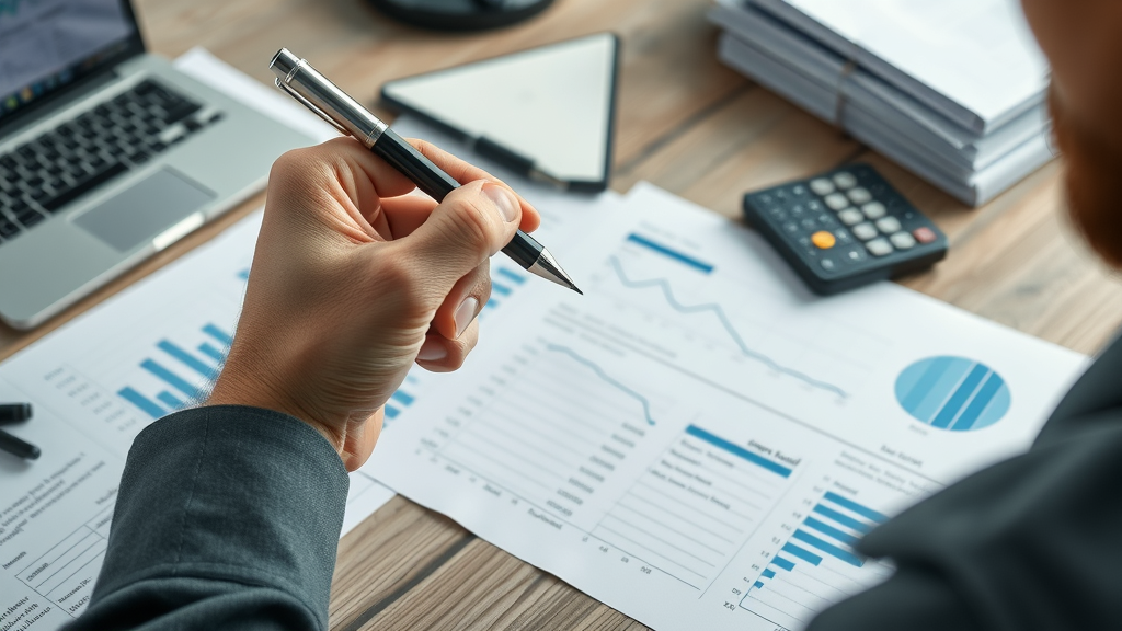 business for sale close-up of financial paperwork and graphs, hand highlighting cash flow trends during business analysis