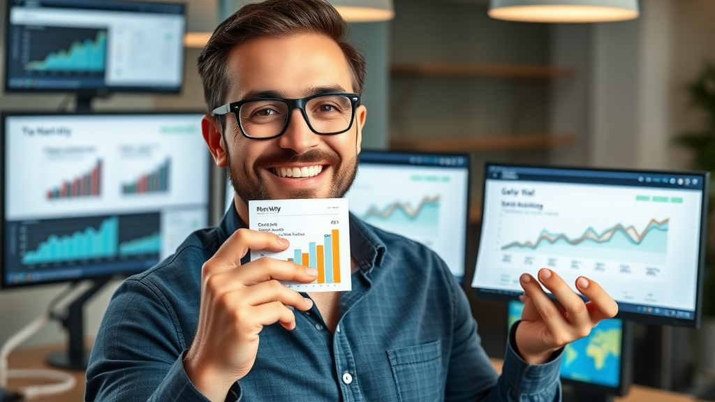 successful online business owner presenting growth graphs and positive analytics in digital business marketplace