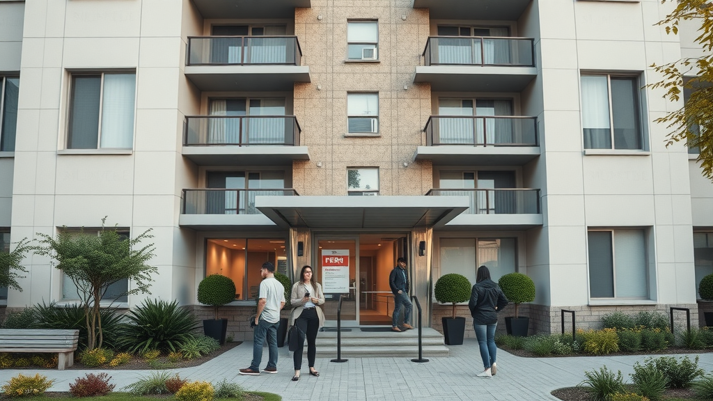 Prospective tenants meeting leasing agent at apartment building, Agent fee, rental broker fees, landlord tenant responsibility