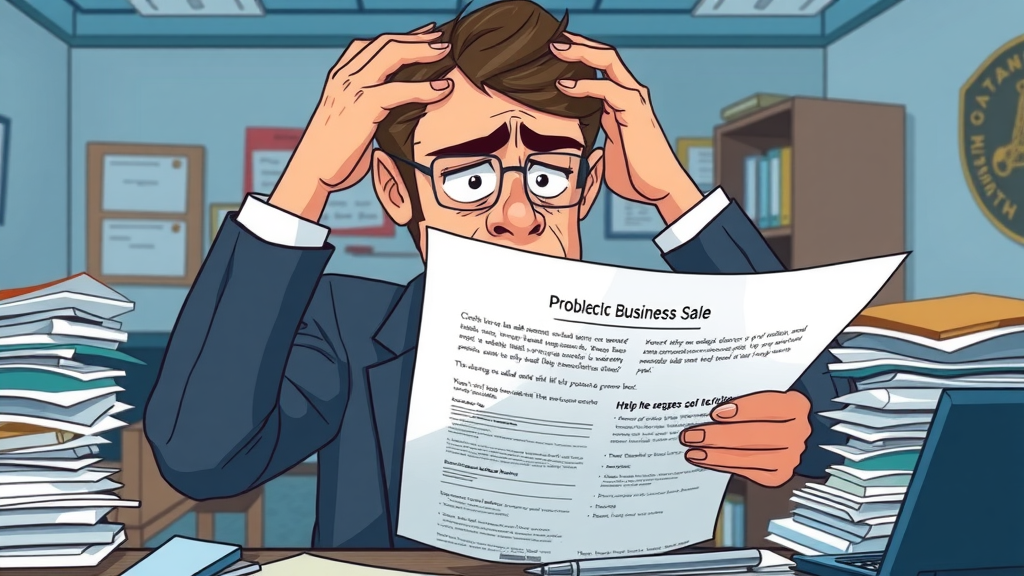 Stressed businessperson reading over problematic business sale agreement with paperwork piled up in a cluttered office.