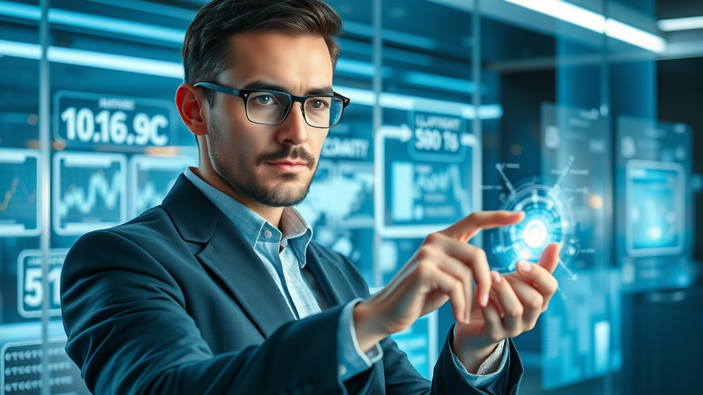 tech-savvy business transfer agent using futuristic digital tools to manage business transfer, digital office, business sale technology
