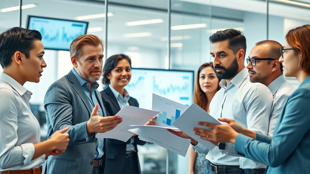Diverse business broker team strategizing business sale process, small business brokers, business for sale, business sale meeting, modern office collaboration