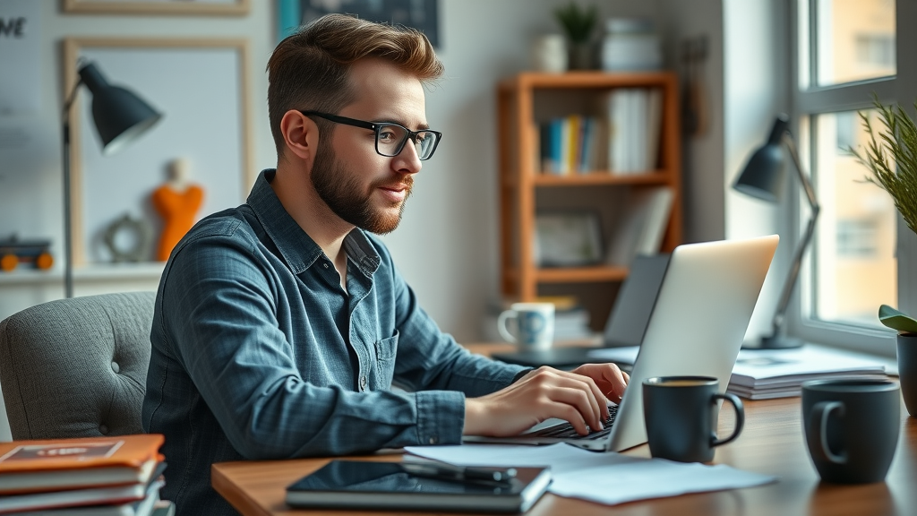 Ambitious freelancer working on laptop at a modern home office desk, embodying accessible small business opportunities