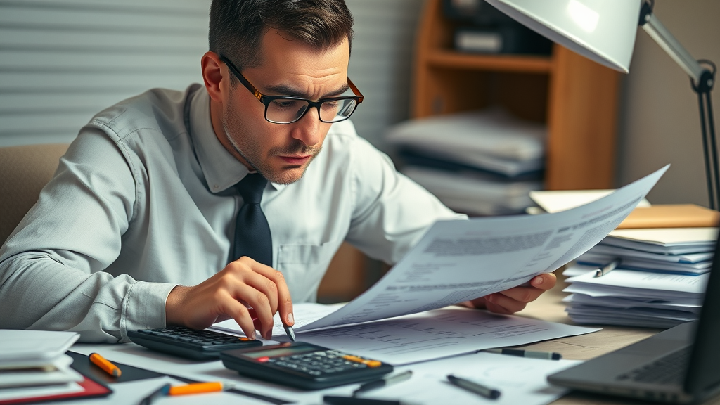 Diligent accountant thoroughly reviewing tax documents and financial statements in preparation for selling a business.