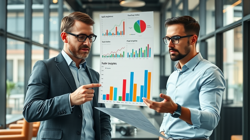 Small business sales infographic showing business owners analyzing growing sales bar charts in a modern tech office