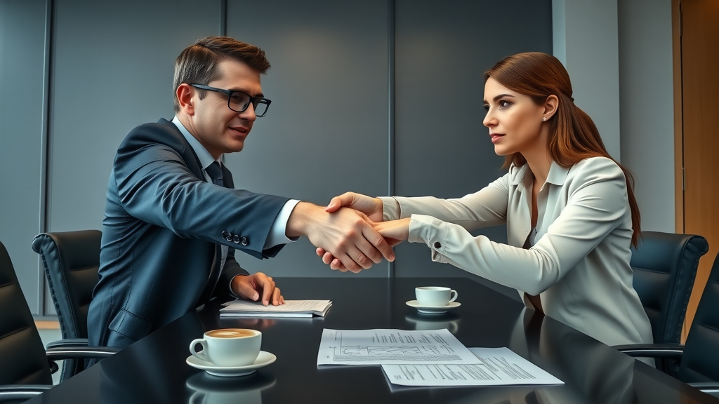 business professionals negotiating the purchase of a business, shaking hands
