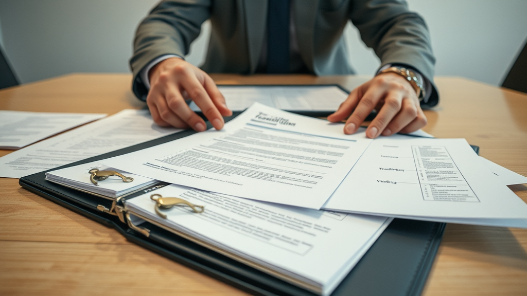 Organized folder of essential business sale process documents including contracts and transition plans.