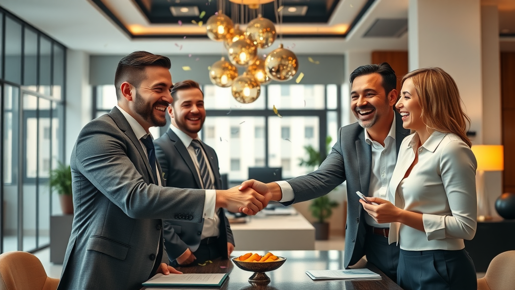 Business broker celebrates successful business sale, business owner shakes hands with buyers, small business brokers results, businesses for sale closed, happy client