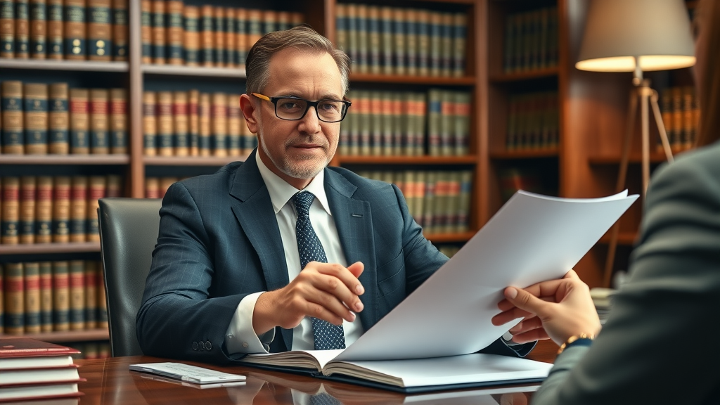 Attentive business lawyer reviewing business sale agreement with client in a law office.