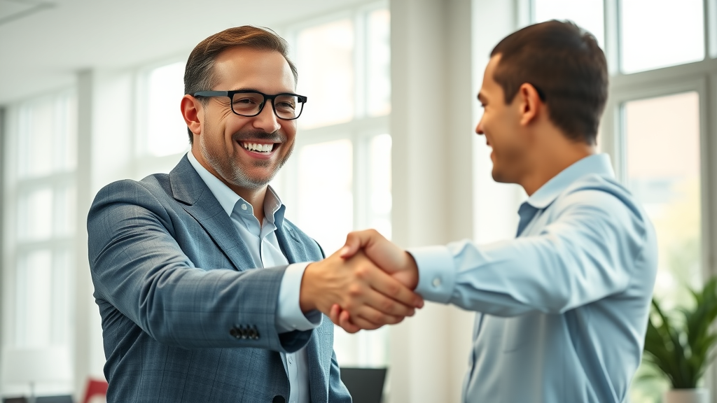 happy business owner shaking hands with professional business broker, business brokers