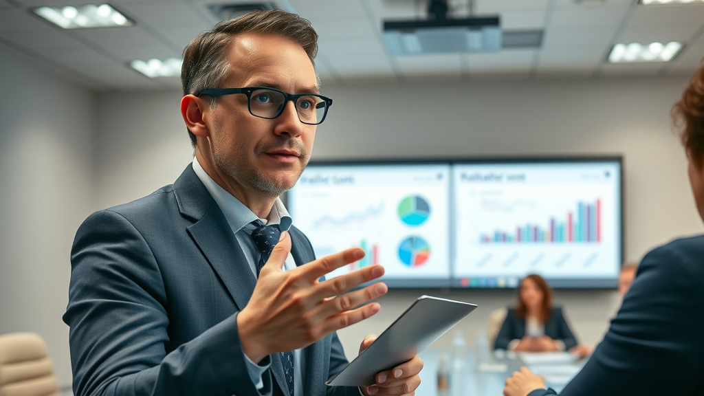 business valuation experienced consultant presenting business valuation models in boardroom for selling a business