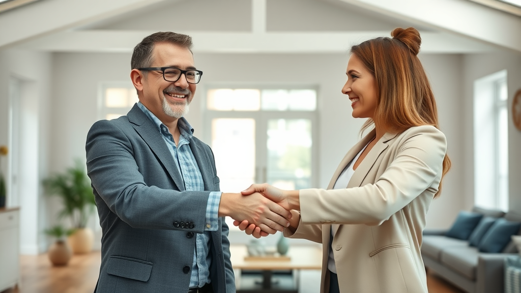 Optimistic home seller and agent shaking hands after successfully negotiating real estate commission in modern house