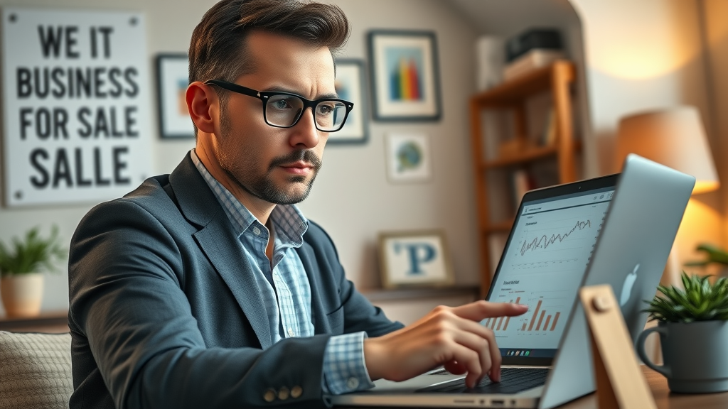 determined business professional browsing businesses for sale marketplace, buying a business