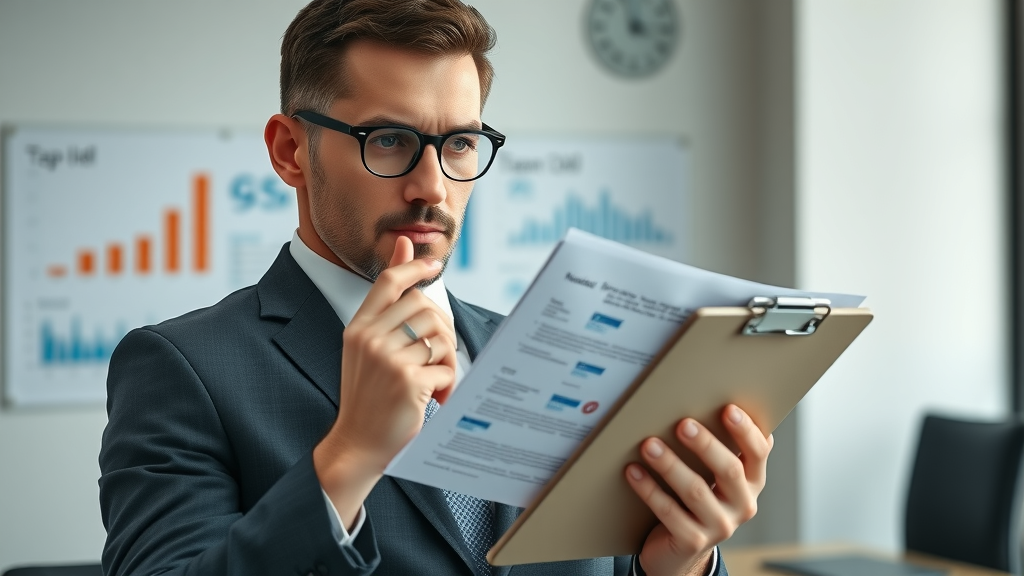 Thoughtful business professional reviewing documents during business acquisition due diligence