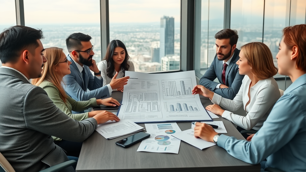 Diverse business team collaborating on commercial property investment plans